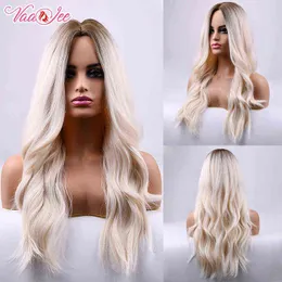 Vaajee long synthetic wair wag парик Omber brown Light Golden Fro Women Middle Part Complay Party Blonde Wavy Wigs 220525