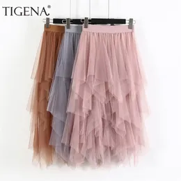 TIGENA Long Tulle Skirt Women Fashion Spring Summer High Waist Pleated Maxi Skirt Female Pink White Black School Skirt Sun 210331