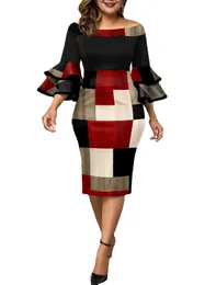 Odzież Etniczna Plus Size Sukienki Eleganckie Geometryczne Print Wedding Party Dress 2022 Jesień Kobiety Warstwowy Bell Sleeve Chic Evening Prom 5xl