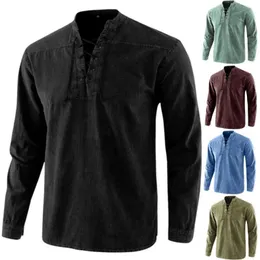 Men's T-Shirts Vintage Long Sleeve Shirt Wear-resistant Solid Color Lace Up Men