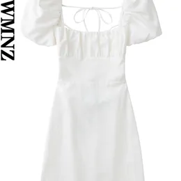 Xnwmnz kvinnor vit mode linne blandning klänning kvinnlig fyrkantig hals korta puff ärmar rygglösa crossover rem klänning för kvinnor 220705