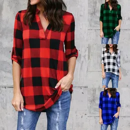 S-5XL Plus Storlek Kvinnor Plaid Shirts V Neck Långärmad Lattice T Shirts Oversize Loose Sweatshirt Toppar Ladies Maternity Kläder Tees