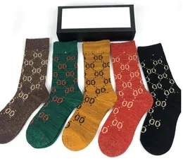 Meias duplas g, meias femininas masculinas, cinco pares de meias esportivas de luxo, malha de inverno, alfabeto estampado, caixa de cinto feminina de algodão bordado