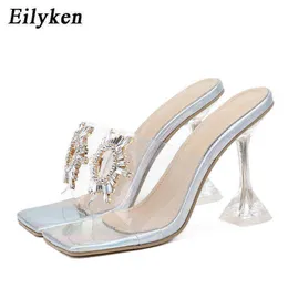 Zapatillas Eilyken Pvc transparente cristal sol flores hebilla mujer zapatillas verano punta cuadrada señoras extraño tacones altos sandalias zapatos 220329