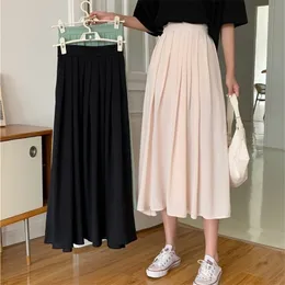 Y2KA-Line Pleated Kjol Kvinnors Sommar Black Green Elastic High-Waisted Midi Lång Enkel Saia Mujer Faldas 220322