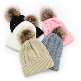 Female Knitted Hat With Pearl Winter Nature Fur Pompom Crochet Beanies Hats Warm Soft Solid Color Casual Cap Bone HCS201