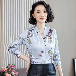 Kadın Bluzlar Gömlek Sonbahar Kore İpek Kadın Saten Çiçek Nakış Uzun Kollu Blusas Femininas Elegante Bayanlar Tops
