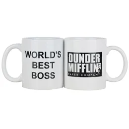 Dunder Mifflin Office-Worlds Bästa bosskaffe-koppar och muggar 11 oz roligt keramiskt te/mjölk/kakao mugg unik kontorspresent 210409