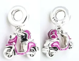 Rosa Scooter Dangle Charm 925 Silver Pandora Berlocker för armband Gör-det-själv smycken Tillverkningssatser Lös pärla Silver Emalj Klar CZ 791057C01