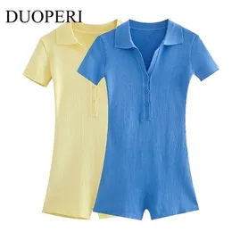 Duoperi moda örme tulum kadınlar kısa kollu şık bayan romper kıyafeti gömlek tarzı kısa oyun kadın yaz 220725