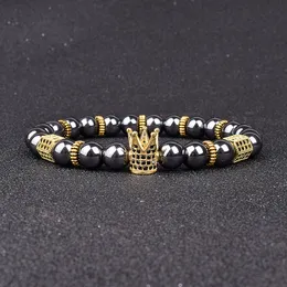 Pulseras de cuentas de hematita Vintage para hombres y mujeres, pulseras de bola de corona de circón negro de lujo para hombre, nueva joyería curativa, pulsera de regalo