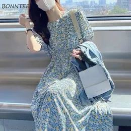 Sukienka z krótkim rękawem kobiety swobodne kwiaty o szyja dama środkowa cielę elegancka koreańska styl dziewczęcy Sundress Linia Summer Trendy 220521