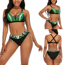 Prinha de banho feminina Sexy Print Hollow Out Split Joint Swimwears Women 2022 Lace Up Bikini Push Swimsit