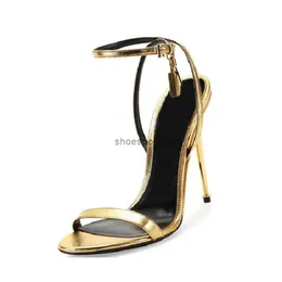 Fashion Runway Summer Shoes Woman Sexy Open Toe Padlock Sandalia Feminina Mentallic Stiletto High Heels Ankle Strap Sandals Women Plus Size 0004