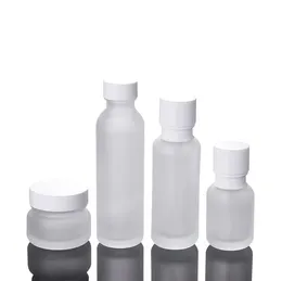 Frosted Glass Jar Lotion Cream Bottles Round Cosmetic Jars Hand Face Pump Bottle With Wood Grain Cap SN4725