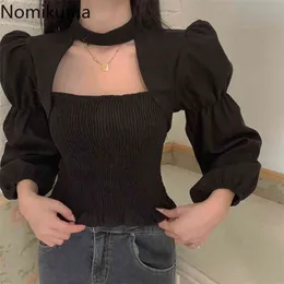 Nomikuma koreansk stretch Slim Short Women Blus Sexig grimma Puff Long Sleeve BlusaS Femme Autumn Winter Shirt 6D473 210326