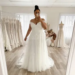 V Neck Plus Size Wedding Dresses 2022 Off The Shoulder Lace Applique Tulle Backless Bridal Gowns Custom Made Robe De Mariée