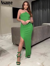 Nsauye Women Knitted Beachwear Holiday One Shoulder Green Casual Sexy Bodycon Long Dress 2022 Summer Party Aesthetic Maxi Dress Y220413