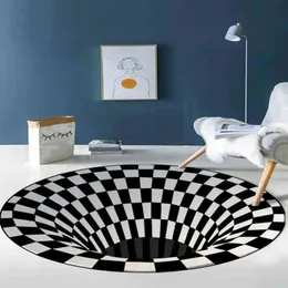 Siyah ve Beyaz Geometrik Görme Dairesel Halı Oturma Odası Sehpa Sofa 3D Illusion Girdap Tuzağı