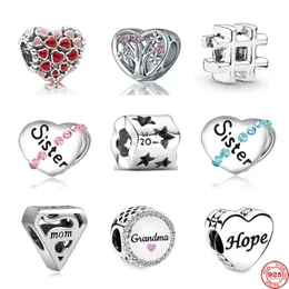 925 Silver Fit Pandora Charme 925 Bracelet Heart Shape Hope Mom Vovó Irmã Árvore Diy Charms Pingente Diy Miço Fino Jóias