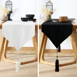 White Elegant Table Runner cloth Black Decoration Accessories Solid Color Japanese Style Tassel Tea Mat Home Decor 220615