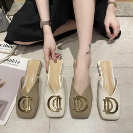 Dress Shoes Femme Mujer Lazy Soft Baotou Half Slippers Female Summer Wear Loafers 2022 Fashion Office Ladies Sandals Square HeelsDress