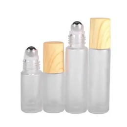 Frosted Clear Glass Parfym Roller flaskor injektionsflaskor behållare med metallrullkula och träkornplastlock