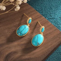 Dangle & Chandelier Antique Gold Craft Inlaid Turquoise S925 Silver Earrings Women's Light Luxury JewelryDangle