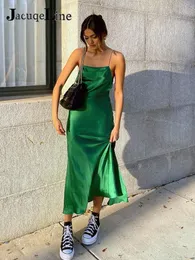 Jacuqeline 2022 Sırtsız Y2K yeşil midi satin seksi elbise kadın yaz kollu zarif kulüp gövde elbiseleri kadınlar için parti 220507