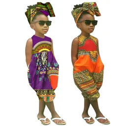 2~7 Year African Clothes Kids Boys Girls Print Romper Baby Dashiki Bazin Bohemian Jumpsuit Headband Set Children Riche Ankara Africa Clothing