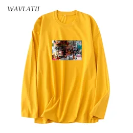 Wavlatii 여성 패션 아트 프린트 긴 소매 Tshirts 여성 100%면 노란색 캐주얼 스프링 티 탑 WLT2126 220511