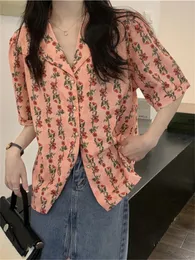 Damenblusen Hemden HziriP Frauen Rosen V-Ausschnitt Kurzarm Outwear Bedruckt Süße Bürodame Vintage 2022 Blumen Slim Casual SummerWom