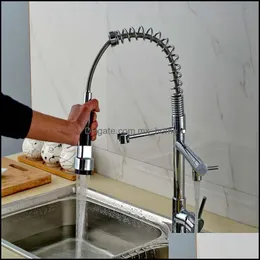 Wholesale And Retail Spring Kitchen Faucet Dual Spout Swivel Sprayer Single Handle Hole Mixer Tap Chrome Finish Drop Delivery 2021 Faucets F