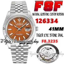 F8F F8126334 SA3235 Automático Relógio de pedra de pedra do olho de tigre natural Marcadores 904L Jubileesteel Bracelet versão personalizada de relógios naturais da Eternity