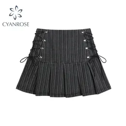 Y2K Pleated Skirt Women 's Sexy High Waist Sid 회색 스트라이프 붕대 미니 S 여름 하라주쿠 Streetwar 220401