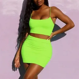 Kayışlar Seksi Camis etek 2 İki Parça Set Yaz Kadın Moda Neon Yeşil Turuncu Katı Parti Sokak Giyim 220527