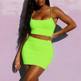 Straps Sexy Camis Skirt 2 Two Piece Set Summer Women Fashion Neon Green Orange Solid Party Streetwear 220527