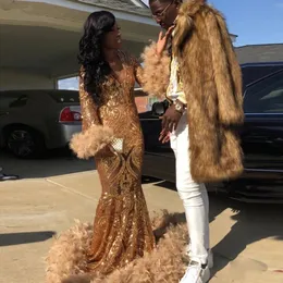 Luxury Feathers Gold Mermaid Prom Klänningar Långärmad Illusion Lace Chic Afton Gowns Afrikanska Kvinnor Formell Party Dress 2022
