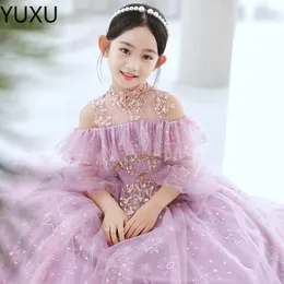 Sevimli Mor Payetli Balo Çiçek Kız Elbise Prenses Sheer Uzun Kollu Aplikler Jewel Boyun Yürüyor Doğum Günü Partisi Abiye