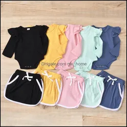 Clothing Sets Kids Girls Solid Color Outfits Infant Toddler Flying Sleeve Romper Topsandpit Stripe Skirts 2Pcs/Se Mxhome Dhce1