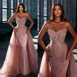 Sexiga Strapless Aftonklänningar Med Tåg Sequined Applique Lace Beaded Mermaid Prom Party Gowns Custom Made Formal Robe de Soirée