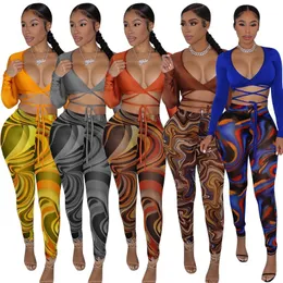 Bandage Two Piece Set Sexy Vneck Lace Up Long Sleeve Crop Top+Print Sheer Mesh Pants Suits Club Party Track Suit Women Outfits CX220420