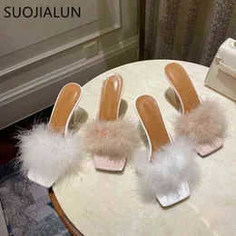 SUOJIALUN 2022 Sommer Neue Mode Seltsame Hohe Kristall Heels Frauen Slipper Marke Pelz Damen Elegante Sandale Schuhe Kleid Rutschen 220627