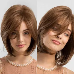 Synthetic Wigs Style Women's Inverted Hair Style With Bangs Brown Short Straight Hair Wig Head Cover High Temperature Silk Material Daily Application 220527