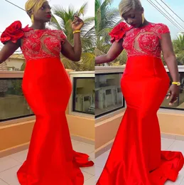 2022 Plus Size Arabic Aso Ebi Red Mermaid Sexy Prom Dresses Lace Beaded Evening Formal Party Second Reception Birthday Engagement Bridesmaid Gowns Dress ZJ330
