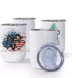 Oz Sublimação 12 copos de vinho em branco Caneca isolada de aço inoxidável reto Transferência de calor de envoltório completo com tampa deslizante à prova de derramamento para bebidas de cauda de café