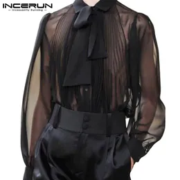 INCERUN Men Sexy Shirt Mesh See Through Folds Lapel Long Sleeve Camisas WIth Tie Streetwear Solid Color Party Men Clothing 220801