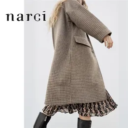 Narci 2020 Neue Damen Karierte Lange Mantel Für Winter Frühling Damen Hahnentritt Plaid Mantel Braun Drehen Unten Kragen Lose mantel LJ201109