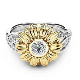 Women's Exquisite Two Tone 925 Sterling Silver Floral Ring Round Diamond Flower 18K Gold Sunflower Jewelry Proposal Gift Cock293K