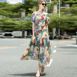 Women's Runway Dresses Slash Neckline Short Sleeves Elastic Waist Printed High Street Designer Mid Calf Dress